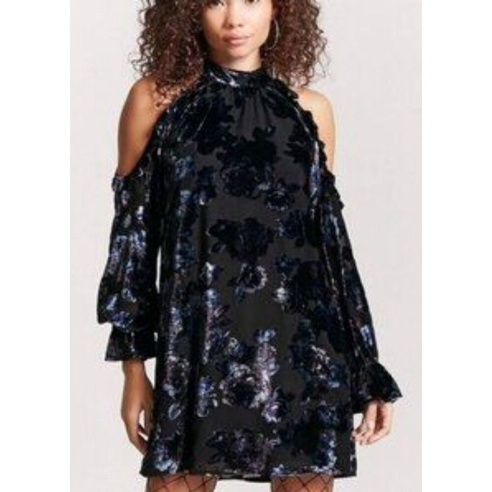 FOREVER 21 CRUSHED VELVET FLORAL BURNOUT DROPPED SLEEVE COLD SHOULDER MINI DRESS